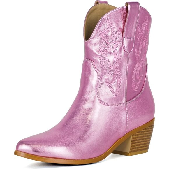 Women's Pink Western Cowgirl Boots Embroidered Ankle High Pointed Toe Pull On
